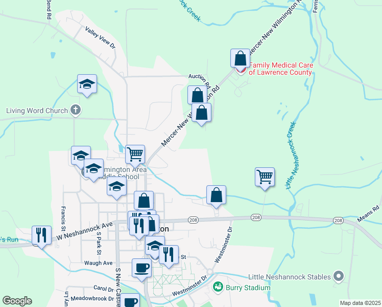 map of restaurants, bars, coffee shops, grocery stores, and more near 326 North Market Street in New Wilmington