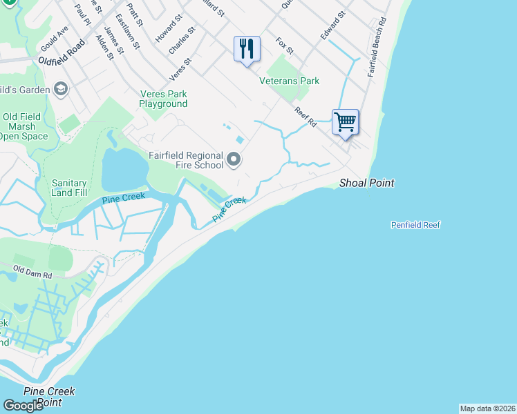 map of restaurants, bars, coffee shops, grocery stores, and more near 1148 Fairfield Beach Road in Fairfield