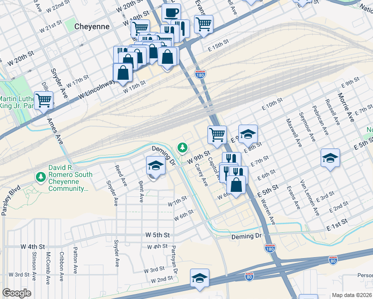 map of restaurants, bars, coffee shops, grocery stores, and more near 915 Carey Avenue in Cheyenne