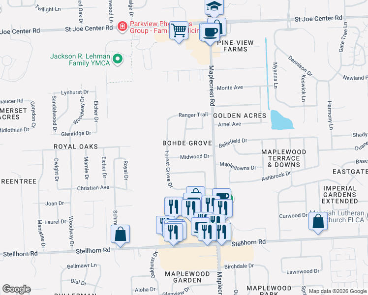 map of restaurants, bars, coffee shops, grocery stores, and more near 6024 Groveland Drive in Fort Wayne
