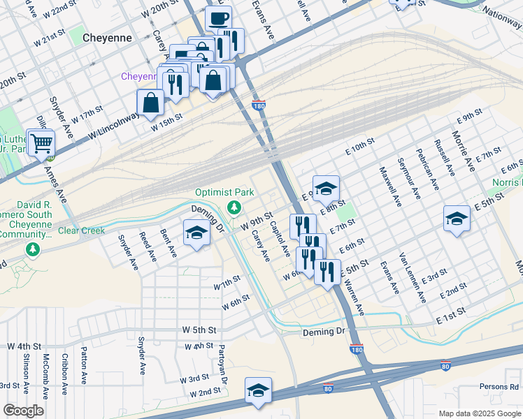map of restaurants, bars, coffee shops, grocery stores, and more near 116 West 9th Street in Cheyenne