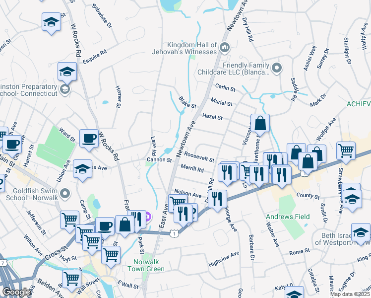 map of restaurants, bars, coffee shops, grocery stores, and more near 22 Pershing Street in Norwalk