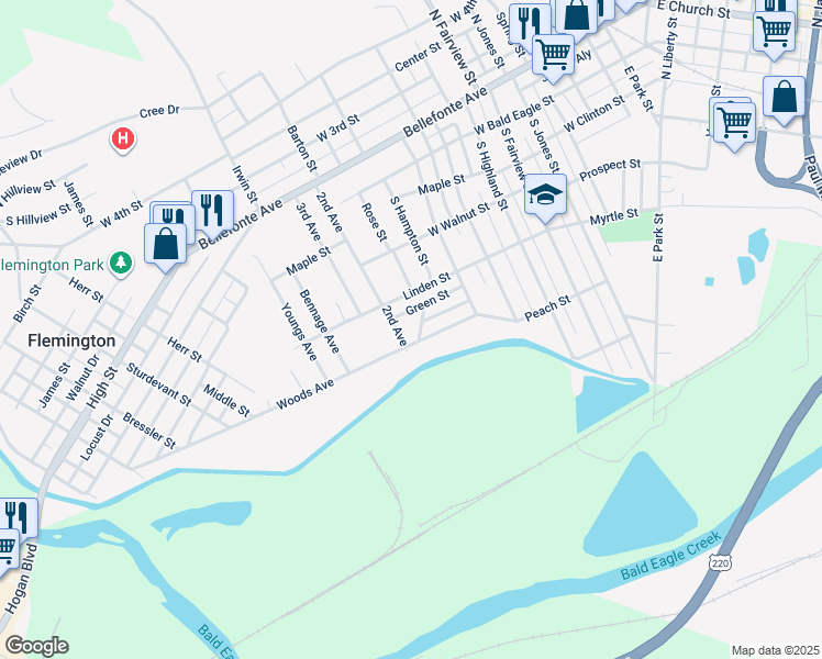 map of restaurants, bars, coffee shops, grocery stores, and more near 450 2nd Avenue in Lock Haven