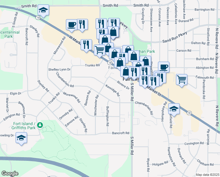 map of restaurants, bars, coffee shops, grocery stores, and more near 162 Kenridge Road in Fairlawn