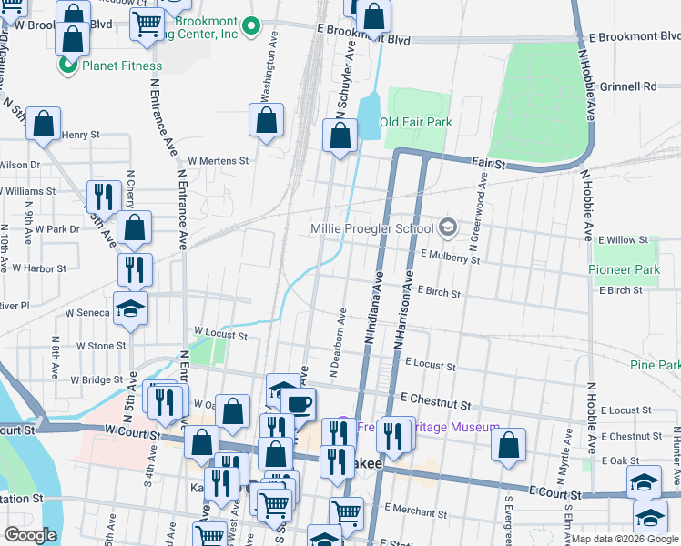 map of restaurants, bars, coffee shops, grocery stores, and more near 642 North Dearborn Avenue in Kankakee