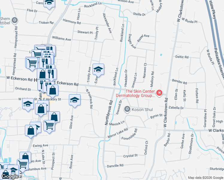 map of restaurants, bars, coffee shops, grocery stores, and more near 138 East Eckerson Road in Spring Valley