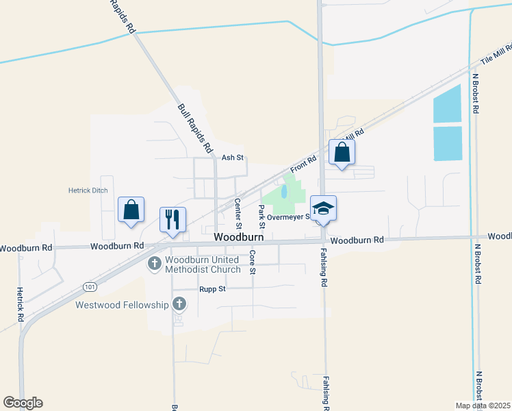 map of restaurants, bars, coffee shops, grocery stores, and more near 4529 Park Street in Woodburn