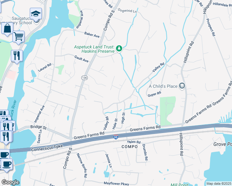 map of restaurants, bars, coffee shops, grocery stores, and more near 5 Rocky Ridge Road in Westport