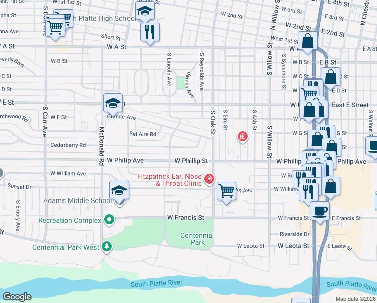 map of restaurants, bars, coffee shops, grocery stores, and more near 832-1006 Cedarberry Rd in North Platte