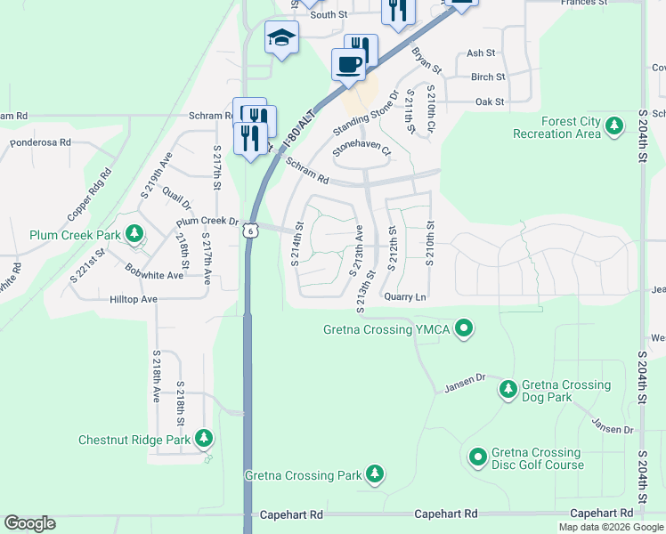 map of restaurants, bars, coffee shops, grocery stores, and more near 21326 Cobblestone Circle in Gretna