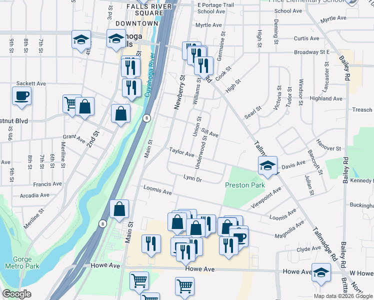 map of restaurants, bars, coffee shops, grocery stores, and more near 1627 Union Street in Cuyahoga Falls