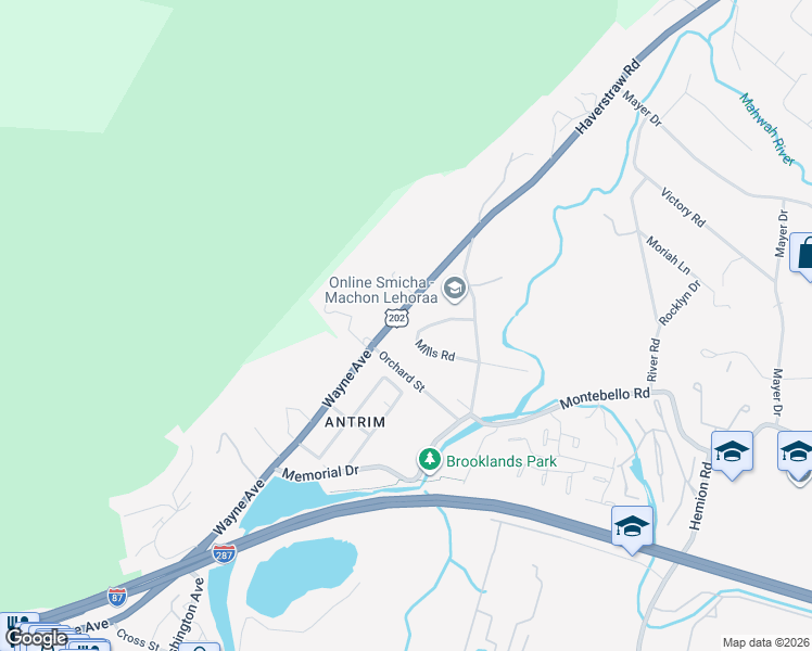 map of restaurants, bars, coffee shops, grocery stores, and more near 9 Mills Road in Suffern