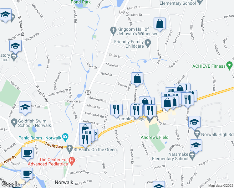 map of restaurants, bars, coffee shops, grocery stores, and more near 2 College Street in Norwalk