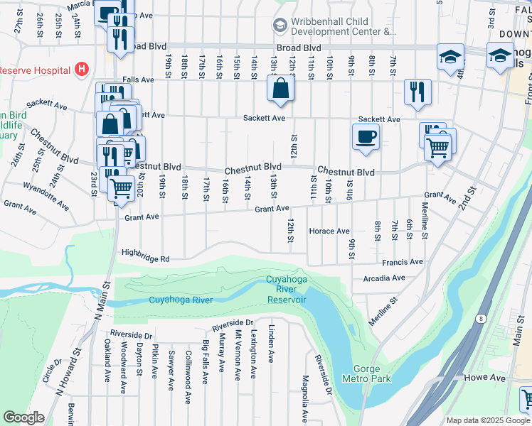 map of restaurants, bars, coffee shops, grocery stores, and more near 1312 Grant Avenue in Cuyahoga Falls