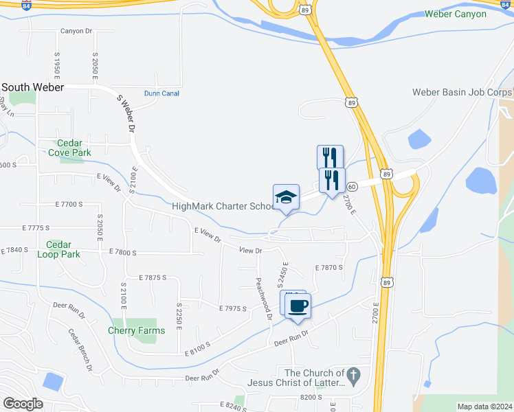 map of restaurants, bars, coffee shops, grocery stores, and more near 2475 South Weber Drive in South Weber