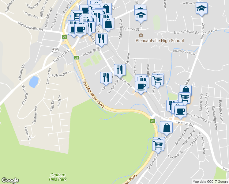 map of restaurants, bars, coffee shops, grocery stores, and more near 34 Rosalind Avenue in Pleasantville