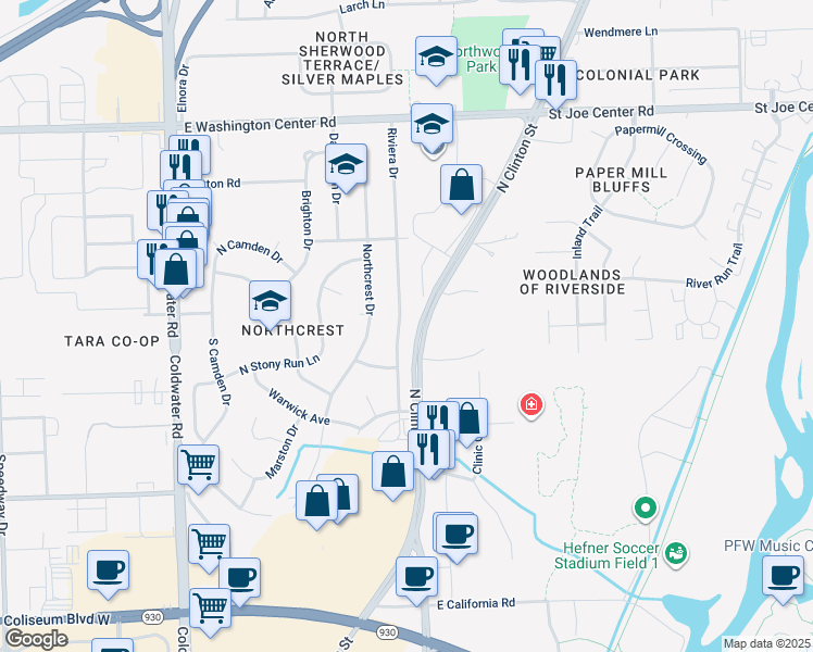 map of restaurants, bars, coffee shops, grocery stores, and more near 5242 Riviera Drive in Fort Wayne