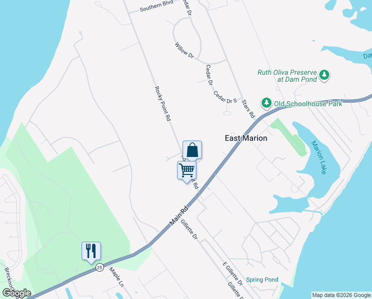map of restaurants, bars, coffee shops, grocery stores, and more near 1000 Rocky Point Road in East Marion