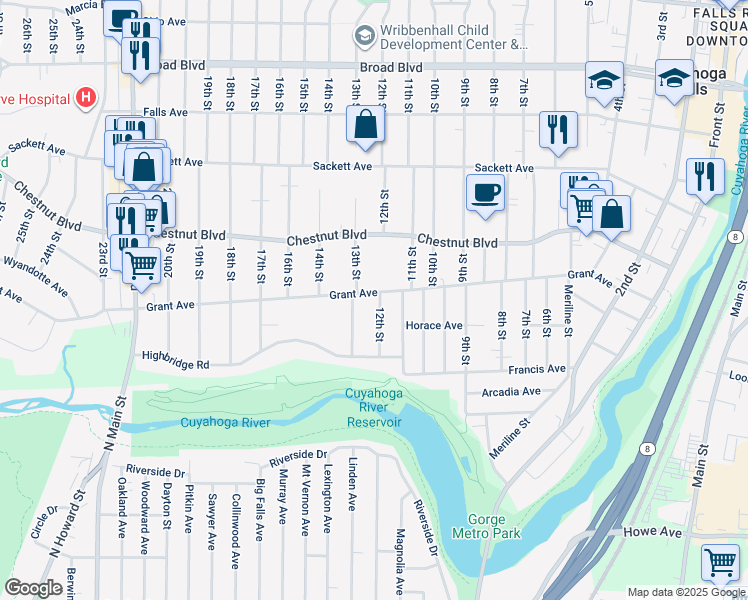 map of restaurants, bars, coffee shops, grocery stores, and more near 1210 Grant Avenue in Cuyahoga Falls