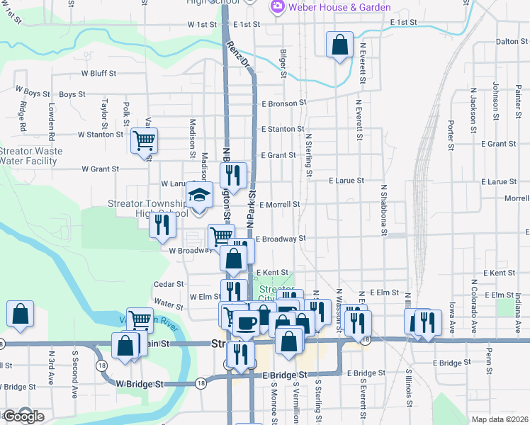 map of restaurants, bars, coffee shops, grocery stores, and more near 612 North Monroe Street in Streator