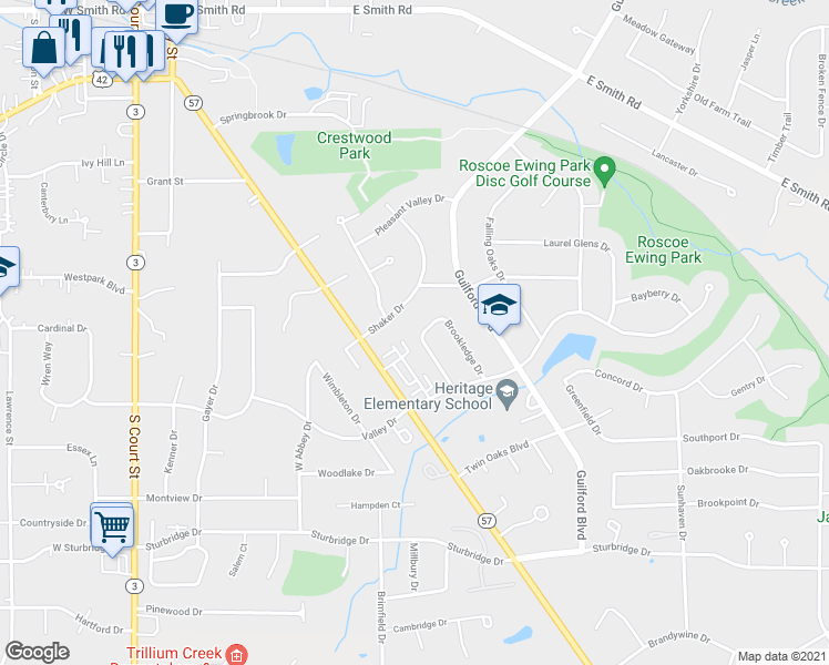 map of restaurants, bars, coffee shops, grocery stores, and more near 685 Hampshire Drive in Medina