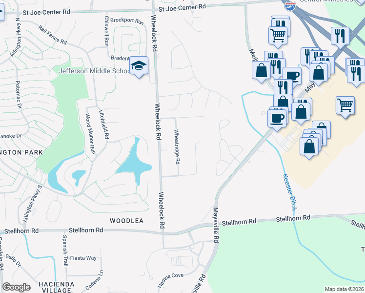 map of restaurants, bars, coffee shops, grocery stores, and more near 4832 Wheatridge Rd in Fort Wayne