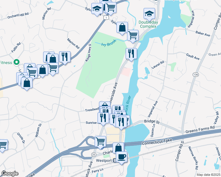 map of restaurants, bars, coffee shops, grocery stores, and more near 5 Raymond Place in Westport