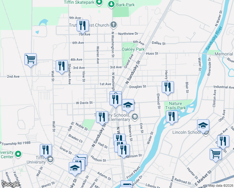 map of restaurants, bars, coffee shops, grocery stores, and more near 285 North Sandusky Street in Tiffin