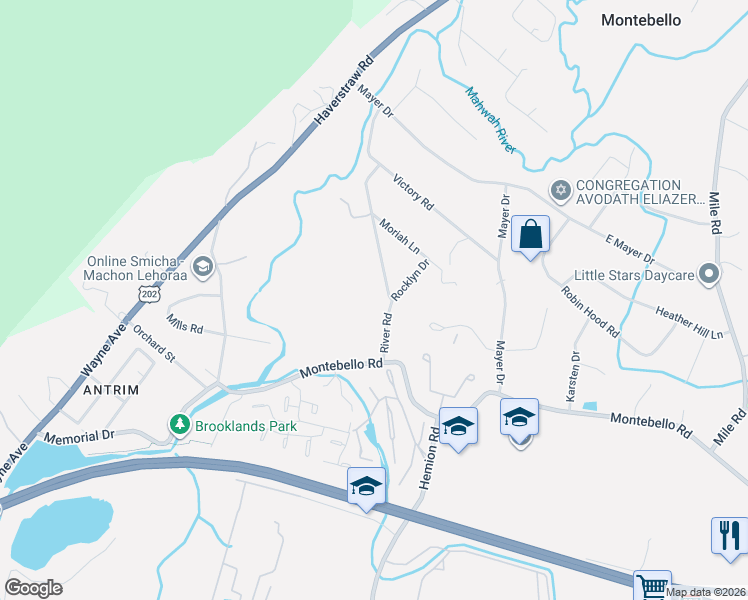 map of restaurants, bars, coffee shops, grocery stores, and more near 26 River Road in Suffern