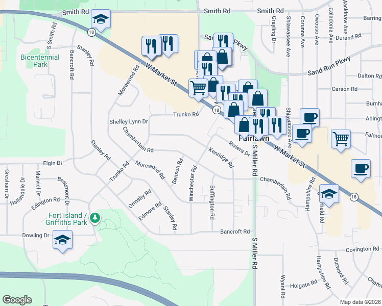 map of restaurants, bars, coffee shops, grocery stores, and more near 2937 Chamberlain Road in Fairlawn