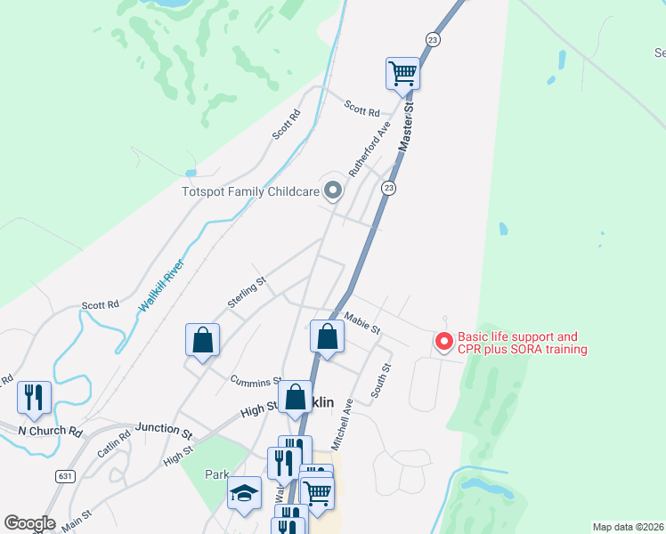 map of restaurants, bars, coffee shops, grocery stores, and more near 10 McCann Street in Franklin