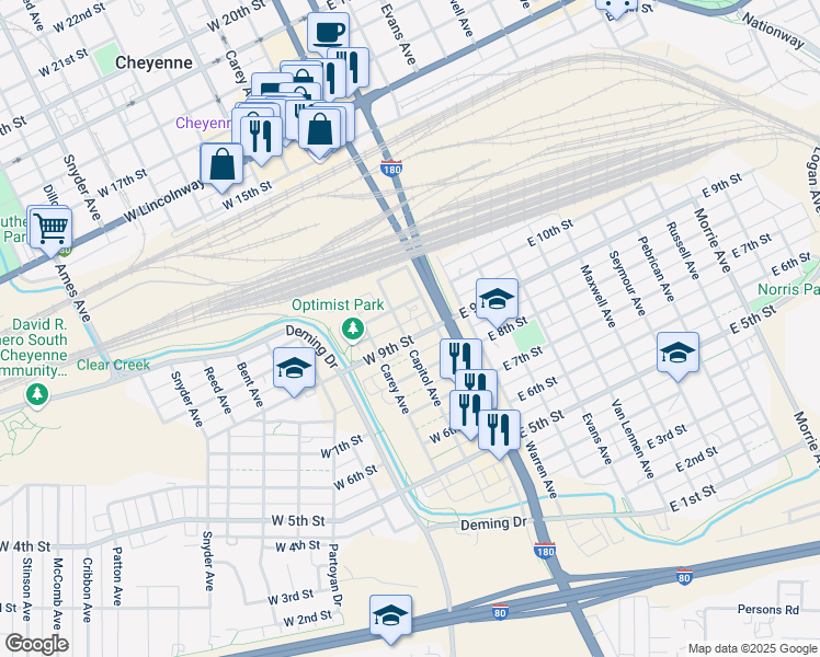 map of restaurants, bars, coffee shops, grocery stores, and more near 116 West 9th Street in Cheyenne