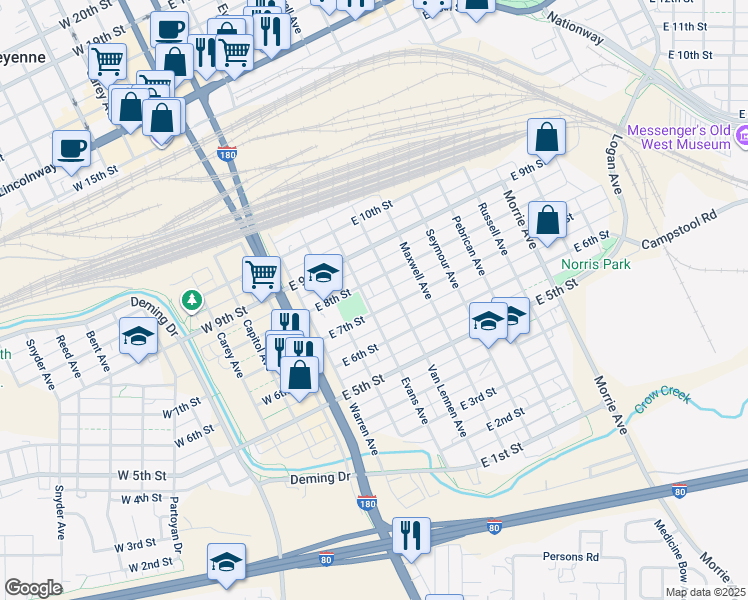 map of restaurants, bars, coffee shops, grocery stores, and more near 416 East 7th Street in Cheyenne