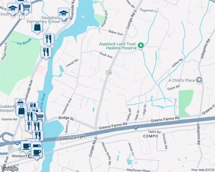 map of restaurants, bars, coffee shops, grocery stores, and more near in Westport
