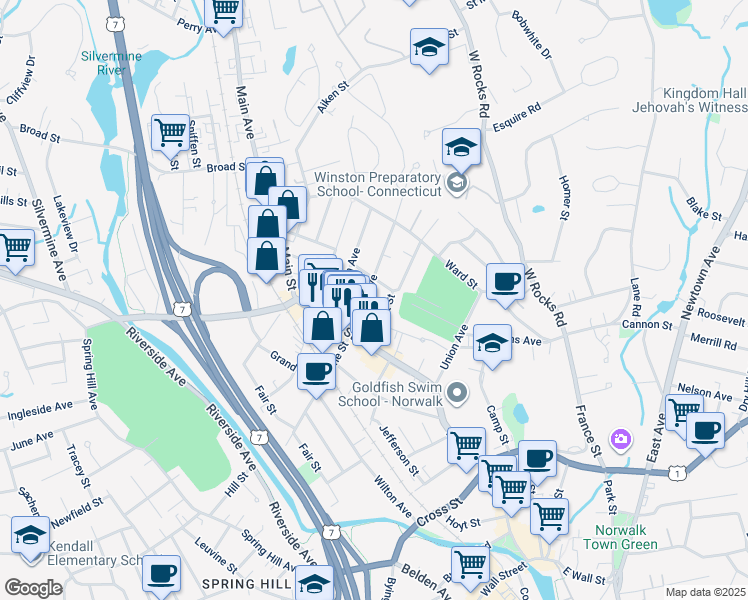 map of restaurants, bars, coffee shops, grocery stores, and more near 13 Center Avenue in Norwalk