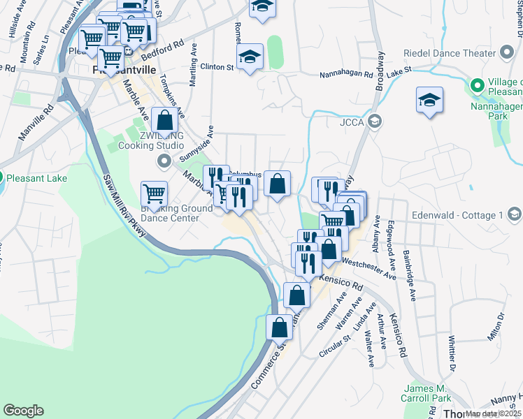 map of restaurants, bars, coffee shops, grocery stores, and more near 17 Madison Avenue in Pleasantville