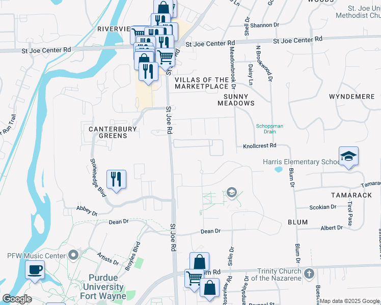 map of restaurants, bars, coffee shops, grocery stores, and more near 5202 Saint Joe Road in Fort Wayne