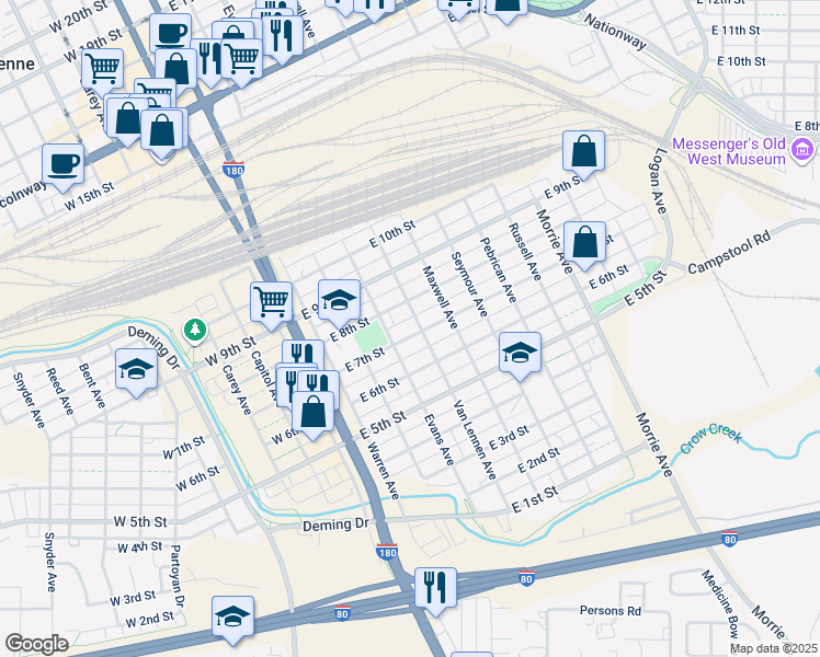 map of restaurants, bars, coffee shops, grocery stores, and more near 416 East 7th Street in Cheyenne