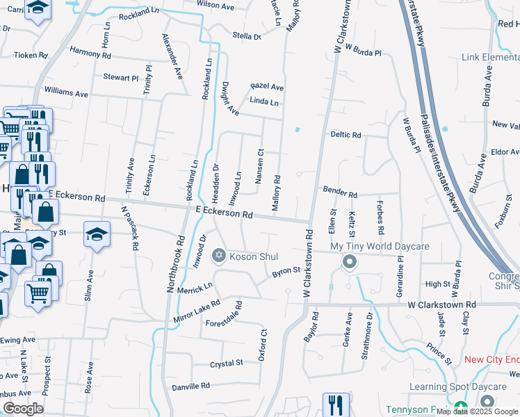 map of restaurants, bars, coffee shops, grocery stores, and more near 151 East Eckerson Road in Spring Valley