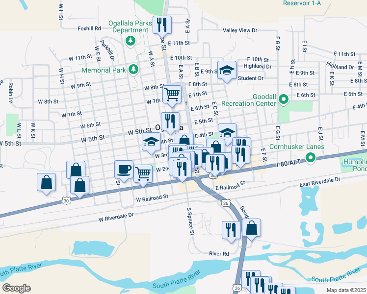 map of restaurants, bars, coffee shops, grocery stores, and more near 301 North Spruce Street in Ogallala