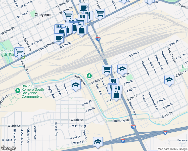 map of restaurants, bars, coffee shops, grocery stores, and more near 915 Carey Avenue in Cheyenne