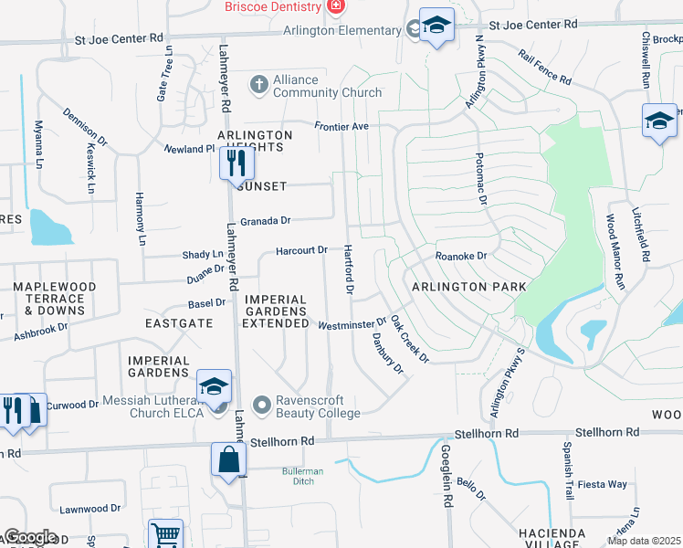 map of restaurants, bars, coffee shops, grocery stores, and more near 5003 Hartford Drive in Fort Wayne