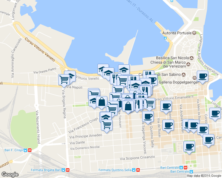 map of restaurants, bars, coffee shops, grocery stores, and more near 151 Via Napoli in Bari
