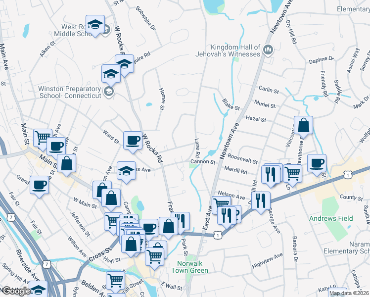 map of restaurants, bars, coffee shops, grocery stores, and more near 22 Glendenning Street in Norwalk