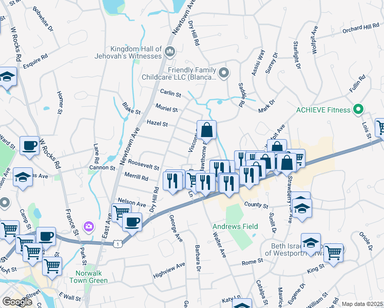 map of restaurants, bars, coffee shops, grocery stores, and more near 6 Visconti Street in Norwalk