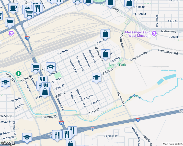 map of restaurants, bars, coffee shops, grocery stores, and more near 721 East 6th Street in Cheyenne