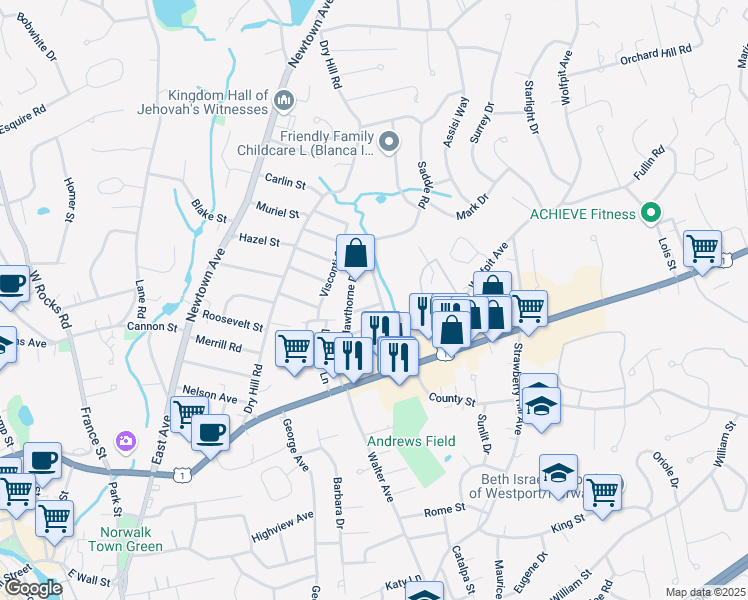 map of restaurants, bars, coffee shops, grocery stores, and more near 14 Hawthorne Drive in Norwalk