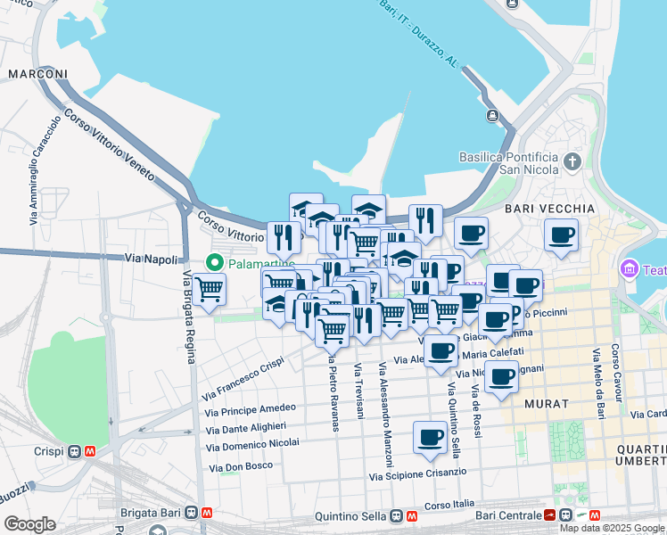 map of restaurants, bars, coffee shops, grocery stores, and more near 151 Via Napoli in Bari
