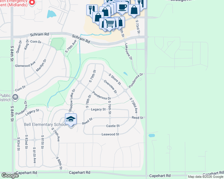 map of restaurants, bars, coffee shops, grocery stores, and more near 7529 Overview Street in Papillion