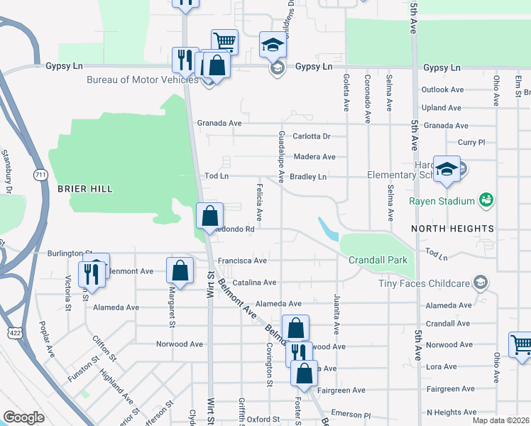map of restaurants, bars, coffee shops, grocery stores, and more near 2021 Felicia Avenue in Youngstown